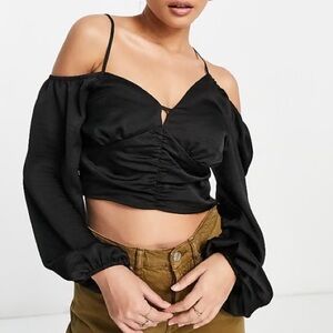 [topshop] balloon sleeve satin strappy crop top black 10